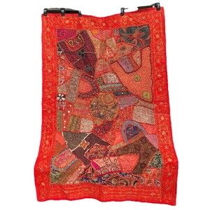 Vtg Indian Patchwork Tapestry 38x56 Boho Embroidered Beaded Textile Rajasthan